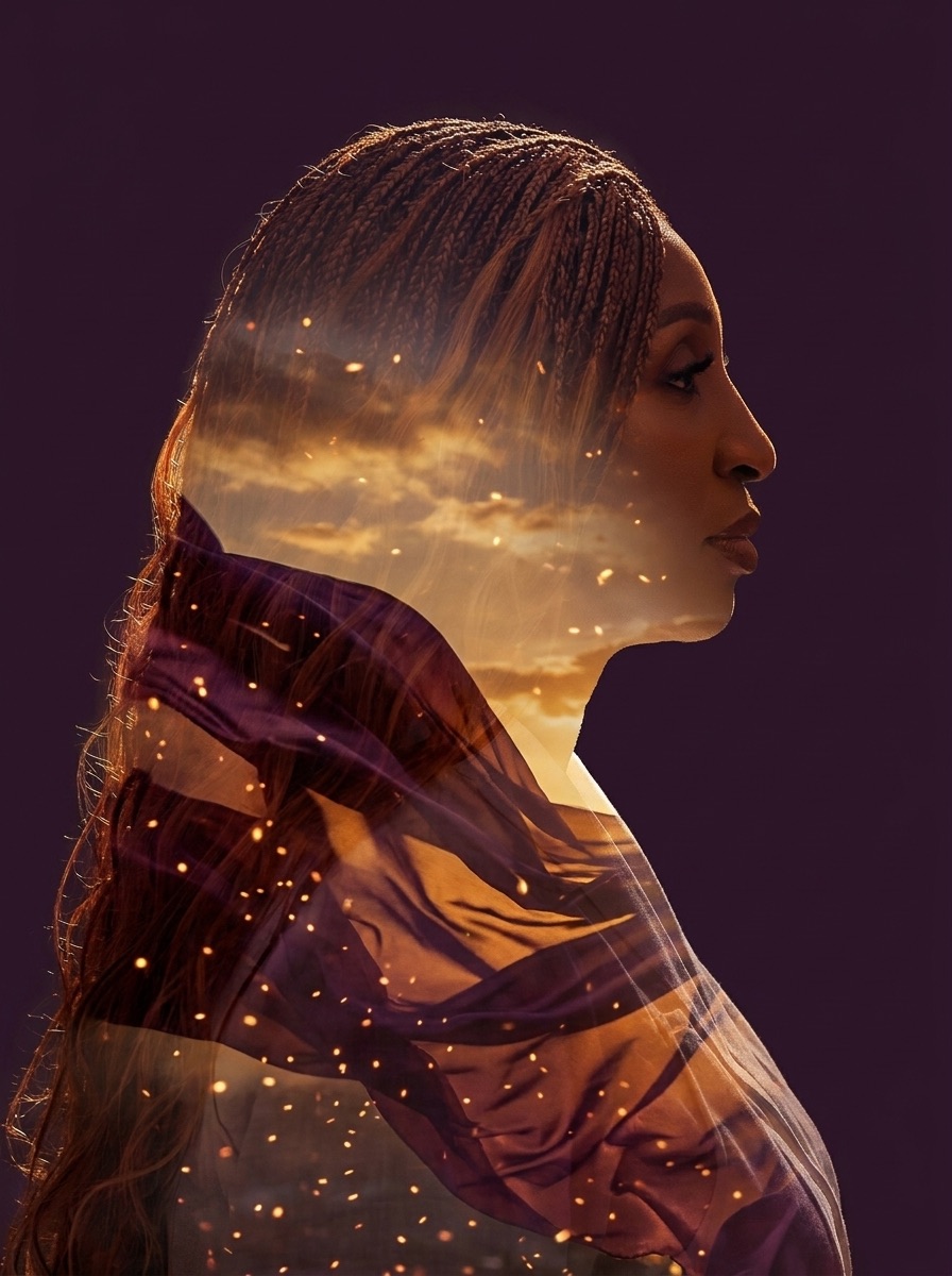 Double-exposure artwork of Kemi in profile, filled with a golden dusk sky